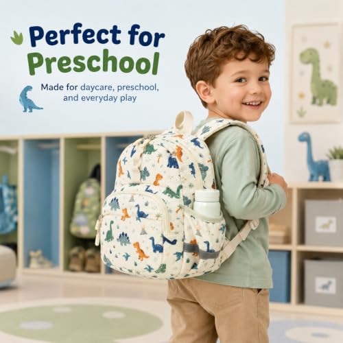 Image of LOIDOU Toddler Backpack for Boys Ages 2-4, 12 Inch Mini Preschool Daycare Bookbag with Insulated Snack Pocket, Corduroy Small Kids Travel Backpack with Chest Strap,Beige Dinosaur