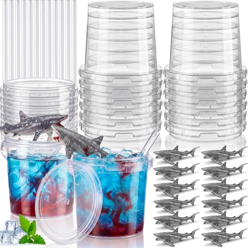Funnymoom 24 Pcs 32 oz Plastic Drink Buckets with Hollow Shark Summer Party Drink Cups Cocktail Sharks Buckets with Lids and Handles for Beach Pool Party Favor Bar(Whale Shark Clear)