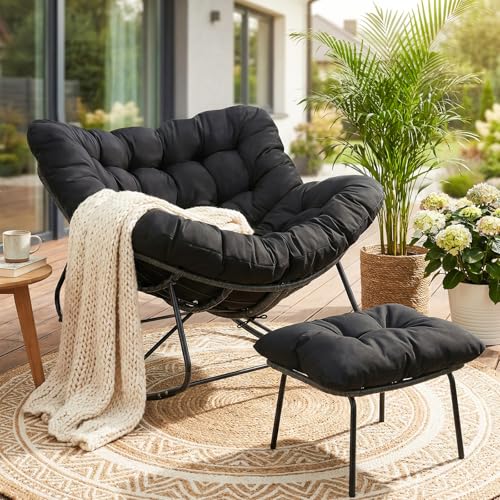 LIFERUN Fauteuil à bascule en rotin avec tabouret, résistant aux intempéries, avec rembourrage épais amovible, charge de 150 kg, pour jardin, balcon, salon