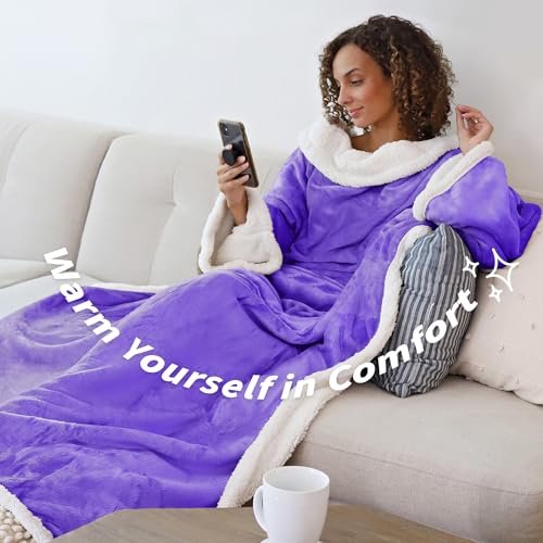 Image of Catalonia Sherpa Wearable Blanket with Sleeves and Pocket for Adults