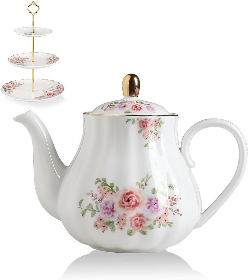 Royal Teapot, Ceramic Tea Pot with Removable Stainless Steel Infuser, Blooming & Loose Leaf Teapot with Cake Stand(Rose Flower)