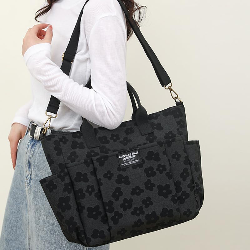Kaket Floral Canvas Shoulder Bags for Women Large Shoulder Bag Handbag Purse with Multi-pockets Casual Work Bags3