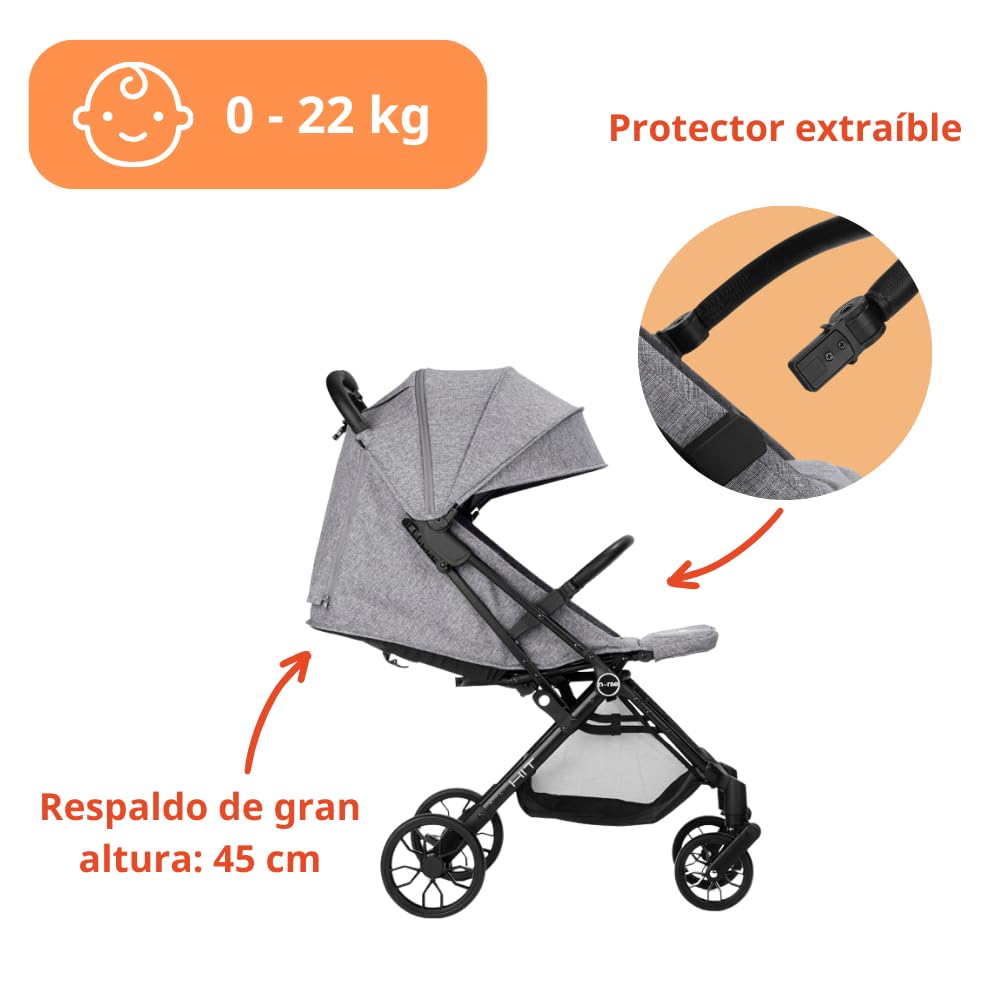 Nurse Hit Silla de Paseo Ligera hasta 22 kg, Plegado Compacto con Una Mano, Asa de Transporte, Respaldo Reclinado, Capota Extensible, Gris