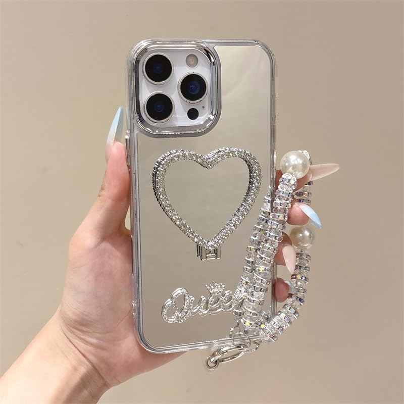 LEHEHE Custodia per OPPO A72 5G / A53 5G, Cover Specchio con Anello Cuore e Supporto, Custodia Trasparente Glitter Strass in TPU Morbido Antiurto con Laccetto-Argento