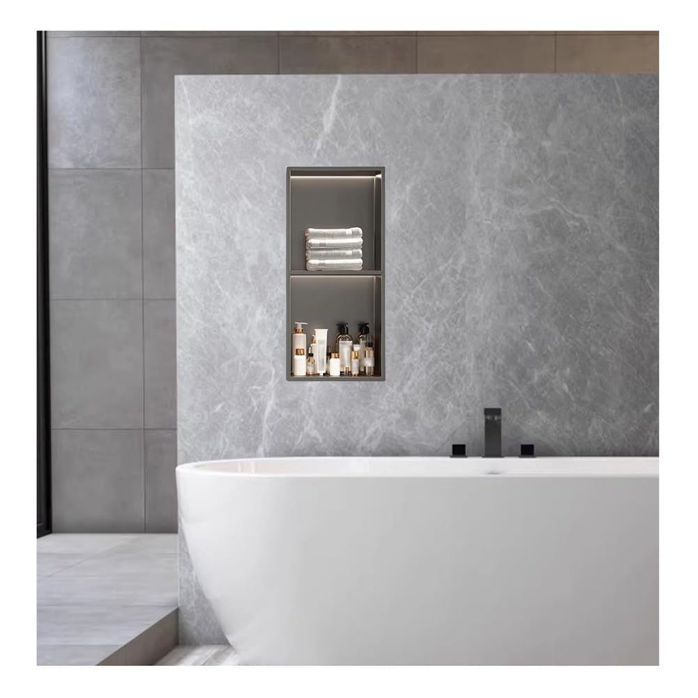 Ściana LED z półką wpuszczaną ze stali nierdzewnej do łazienki i kuchni, szara, 70 x 28 x 12,5 cm, nowoczesny design do stylowych rozwiązań do przechowywania i oświetlenia