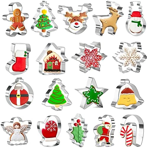 Kaishane 18 Pieces Christmas Cookie Cutter Set - Snowflake, Christmas Tree, Gingerbread Man, Reindeer Angel,Snowman,Stocking and More