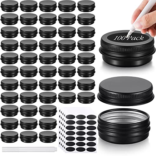 Patelai 100 Pcs Metal Tins 0.5 oz Screw Top Round Cans Aluminum Tin Jar Lip Balm Containers Bottle Empty Travel Cosmetic Cans Container with 5 Sheets Label Stickers 1 Marker(Black)