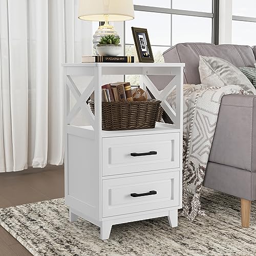May in Color Nightstand, 30" Tall Bedside Table, Farmhouse Side Table with Storage Drawers and Open Shelf, Wooden Rustic End Table Cabinet for Bedroom, Home Office, White by May in Color - Image 3