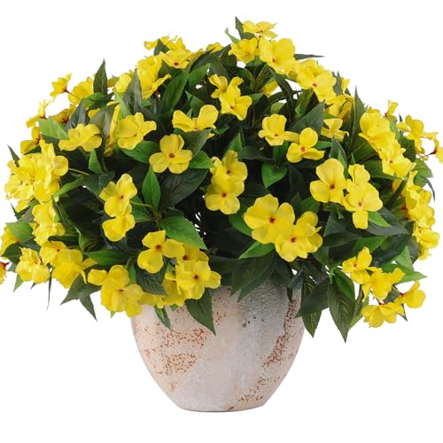 Daynight 4 Pcs Artificial Impatiens Flowers for Outdoor Flowers UV Resistant Faux Yellow Flowers Impatiens Bushes Silk Artificial Flowers Bouquet for Patio Garden Porch Decor (4 Yellow)