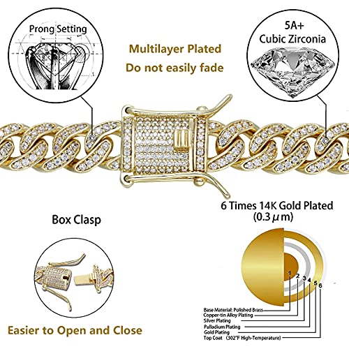 PY BLING 8mm Mens Iced Out Hip Hop Miami Cuban Link Chain Choker 14K/18K Gold White Gold plated CZ Necklace/Bracelet 8.5"-24" (14K,20) - Image 3