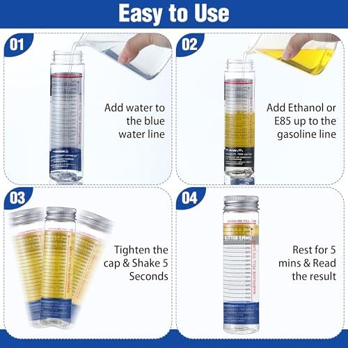 2 Pcs Reusable Ethanol Tester E85, Wide Mouth Fuel Pressure Testers Bottle, Gasoline Oil Analysis Kit for E85 Ethanol Levels to Maintain Peak Engine Performance, Clear Results in Minutes