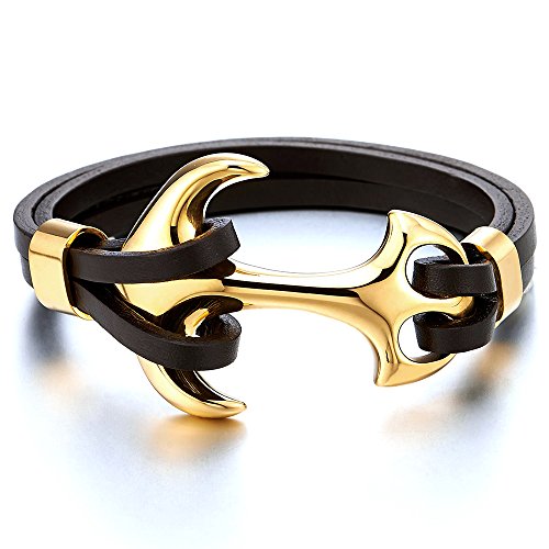 COOLSTEELANDBEYOND Mens Large Stainless Steel Gold Color Marine Anchor Bangle Bracelet Genuine Brown Leather Wristband