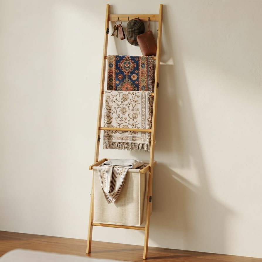 BAMBANG Blanket Ladder with Basket, 5- Tier Blanket Quilt Holder Ladder Towel Rack with 4 Hooks for Living Room, Wall Leaning Decorative Ladder Shelf with Storage Hamper, Bamboo Natural