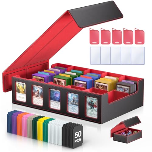 Image of Trading Card Storage Box 5-Row 3900+ Capacity,TCG MTG Card Case with Magnetic Lid & Commander Display,Top Loader Storage for Sports Cards,Includes Dividers Dice Box(Black Red)