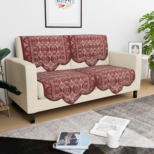 Image of Kuber Industries (Set of 4) Stylish & Durable Cotton Sofa Covers 2 Seater | Washable Sofa Protector /Mat & Slipcover for Hall, Living Room & Office | Plain Circle - Maroon