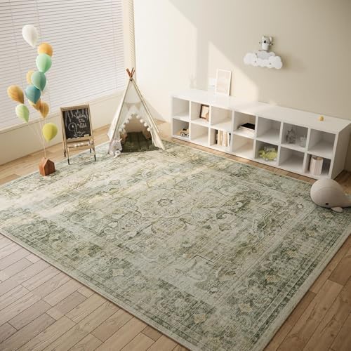 8x10 Area Rugs Washable Rug: Large Living Room Rug Stain Resistant Distressed Vintage Boho Carpet Non Slip Low Pile Faux Wool Soft Rugs for Bedroom Bedside Indoor Kids Playroom Farmhouse Dining Room