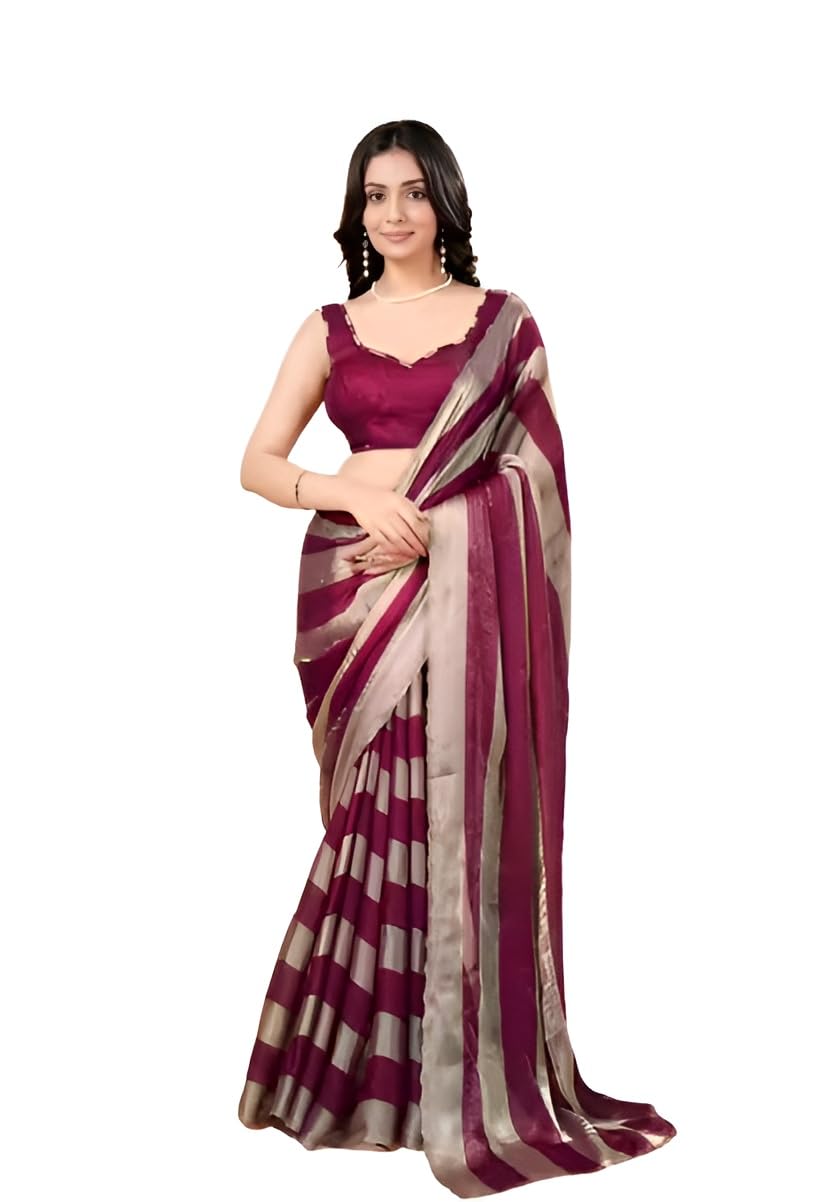 Satin Silk with Striped Printed Saree With Unstitched Blouse Piece-image-25