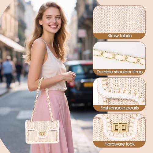 Straw Crossbody Bags for Women Summer Pearl Straw Clutch Purse Woven Shoulder Bag Vacation Handbags3
