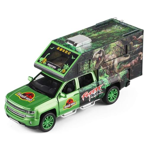 Image of DEUSON ECOM Jurassic Dinosaurs World Die Cast Metal Car 1:32 Diecast Car Model Transport Truck Light Sound Openable Door Pull Back, Multi Color