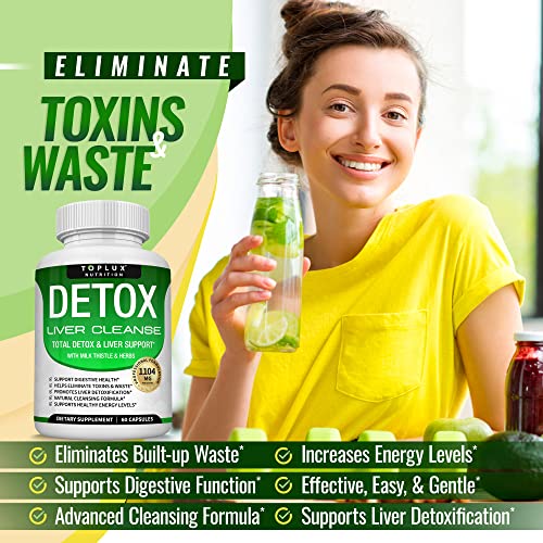 Detox Cleanse Liver Support & Repair Formula - Liver Cleanser Natural 5 Day Detox, Support Digestion System, Flush Toxins & Urinary Tract, Milk Thistle Extract 25+ Herbs, 60 Capsules, Toplux Nutrition - Image 4