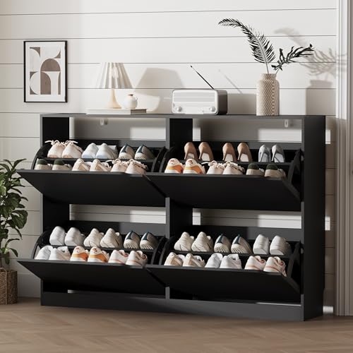 Image of Xixini Shoe Storage Cabinet for Entryway with 4 Flip Drawers, Sturdy Wood Hidden Shoe Storage, Freestanding Narrow Slim Shoe Organizer for Front Door Entrance, Living Room, Hallway, Bedroom, Black