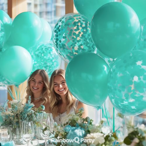Image of Teal Latex Balloons: 55Pcs 12 inch Turquoise Confetti Party Balloons Helium Aqua Blue Latex Balloon Ribbons for Birthday Anniversary Gender Reveal Graduation Wedding Decoration