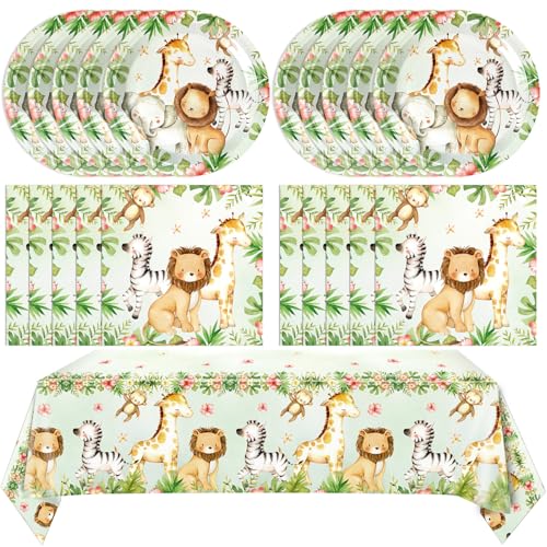 41Pcs Safari Baby Shower Decorations,Jungle Safari Theme Party Tableware Animal Baby Shower Paper Plates Napkins Tablecloth丨Baby Shower Kids Jungle Safari Animal Wild One Birthday Party Decor,Serve 20