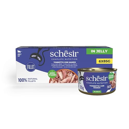 Schesir Atún con Ternera en Gelatina, Comida Húmeda Completa para Gatos, en Latas, 100% Natural
