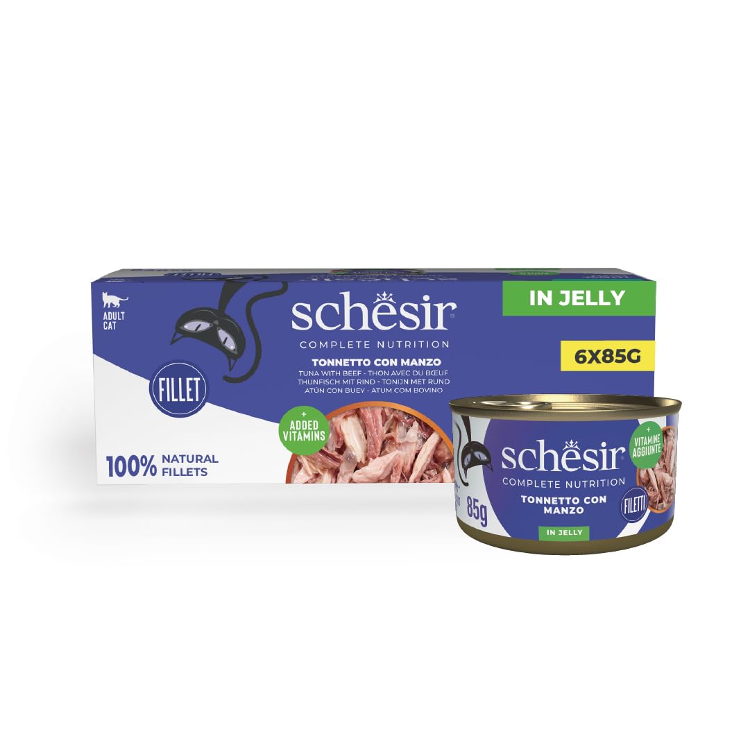 Schesir Atún con Ternera en Gelatina, Comida Húmeda Completa para Gatos, en Latas, 100% Natural, con Vitaminas Añadidas, 6 x 85g