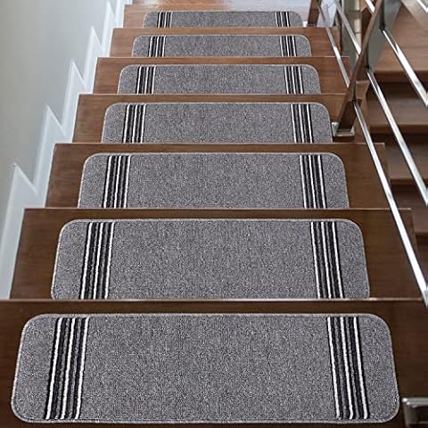 CAMILSON Stair Treads Runner Mats - Non Slip Rug Pads for Indoor Outdoor Carpet - Pet Dog Stair Step Covers (Set of 13, Line Grey) Cover