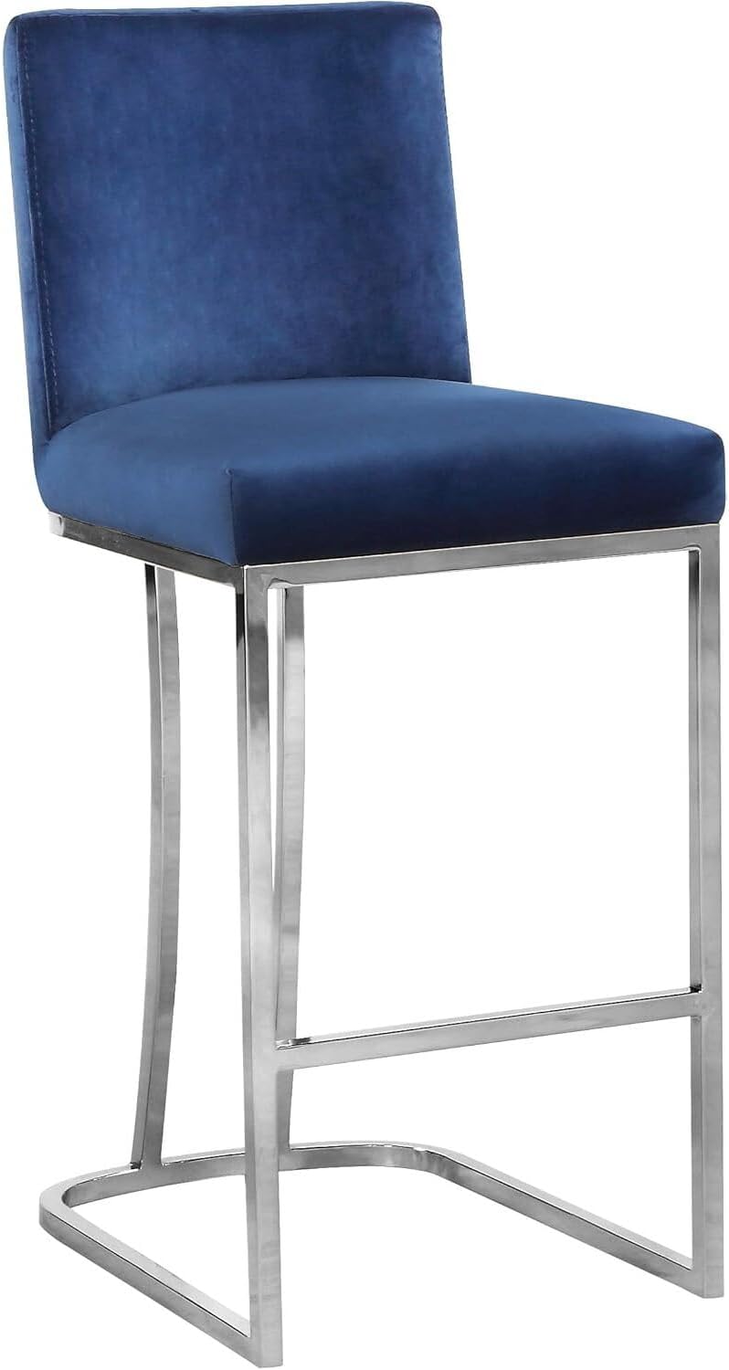 HomeStock Modern Muse Contemporary Velvet Upholstered Counter Stool with Polished Metal Legs, 16" W x 19.5" D x 36.5" H, Ideal for Bar or Pub Tables Navy and Chrome