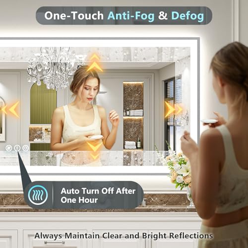 Image of 50x40 Brushed Nickel LED Bathroom Mirror with Lights, Backlit & Front-Lit, Anti-Fog, Framed Lighted Vanity Mirrors for Bathroom Wall, Dimmable, 3 Colors, Memory, Shatter-Proof, Tempered Glass