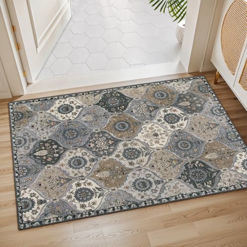 Lahome Moroccan Trellis Area Rug, 2x3 Entryway Rug Non-Slip Washable Indoor Door Mat, Small Oriental Accent Throw Carpet for Bedroom Kitchen Entry Bathroom, Grey