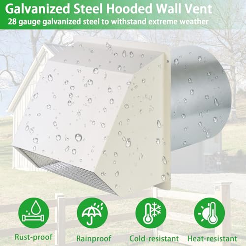 Image of 8 Inch Hooded Wall Vent with Screen and Damper,Outdoor Wall Exhaust Vent Cover Wall Cap for Exterior Kitchen Range Hood Ventilation Dryer HVAC Duct Air Exhaust, Galvanized Steel, White