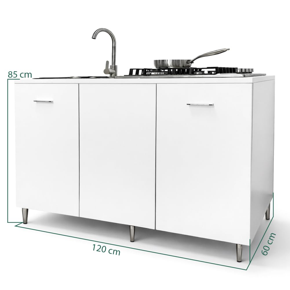 Shally Dogan Sottolavello Cucina 120 x 60 x 85 cm completo di Piano Cottura 4 Fuochi e Lavello in Acciaio Zincato 50 x 40 cm a sinistra, Rubinetteria Completa con Fontana e Accessori Inclusa (Bianco)