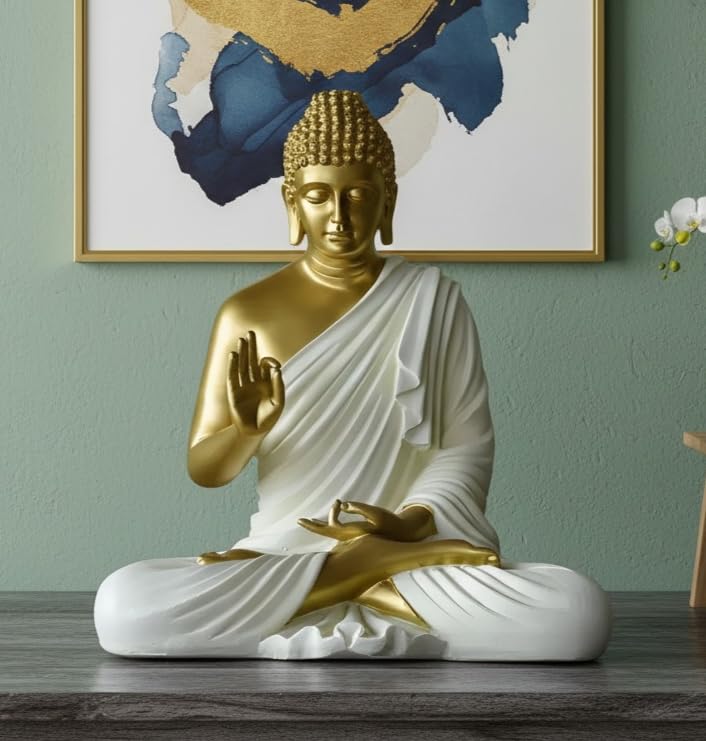 Image of 2 Feet Height Decorative Meditating Buddha Idol for Home Decor Big Size, Black Ceramic Murti, Meditation Buddha Statue, Home Garden Decor (Golden & White)