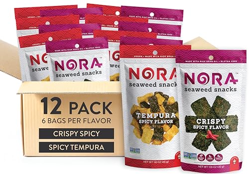 Spicy + Spicy Tempura Seaweed Snacks Bundle by Nora, Healthy Low-Carb Nori Sheets, Asian Snacks, Crunchy Seaweed Snack Chips, Snacks of Asia, Korean Vegan Snacks, Gluten-Free, Non-GMO, 2 x 6 Packs