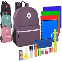Trail maker Wholesale 19 Inch Backpacks With Water Bottle Holder & 30 Piece School Supplies Kits in Bulk 12 Pack Bundles