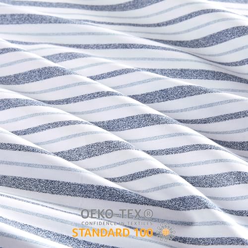 Image of Madison Park 100% Cotton Sheets, King Size, 200TC, Blue Stripe, 4 Piece | Breathable & Soft Sheet Set, Printed Design, All Season Comfort, Elastic Deep Pocket Fits Up to 14 inch Mattress, OEKO-TEX