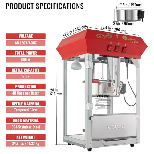 VEVOR Commercial Popcorn Machine, 8 Oz Kettle, 850 W Countertop Popcorn Maker for 48 Cups per Batch, Theater Style Popper with 3-Switch Control Steel Frame Tempered Glass Doors 2 Scoops 2 Spoons, Red by VEVOR - Image 7