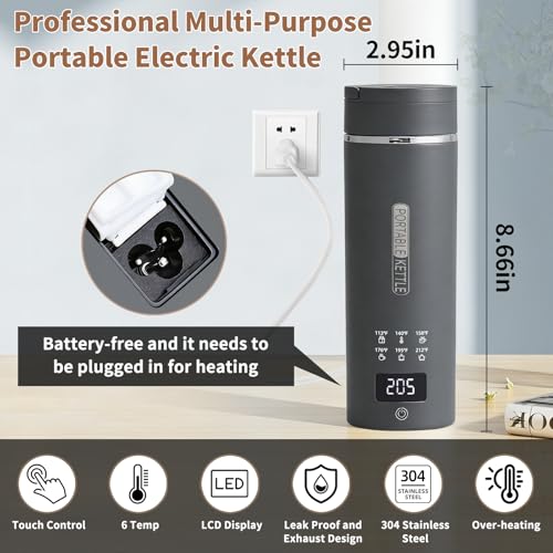 Image of Travel Electric Kettle, LCD Display with 6 Temperature Settings, 304 Stainless Steel, 450ml /15.2oz, Auto Shut-Off and Boil-Dry Protection, Compact Portable Electric Kettle, Gray