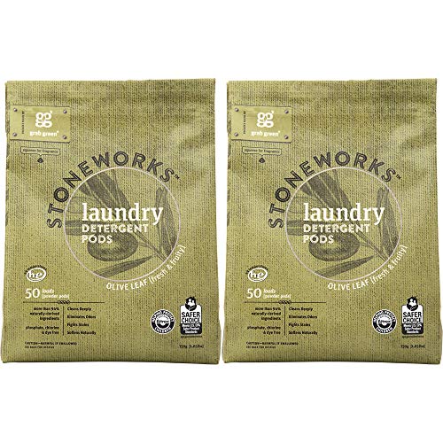 Grab Green Stoneworks Laundry Detergent Pods, Powered by Naturally-Derived Plant & Mineral-Based Powder Pods, Olive Leaf, 50 Count (Pack of 2) Loads,EPA Safer Choice Certified