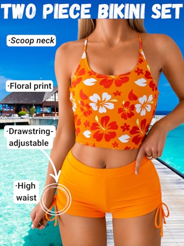 Floral Crop Tankini,2 Piece High Waisted Boy Shorts Swimsuits,Modest Bikini Sets for Women Beach Vacation2