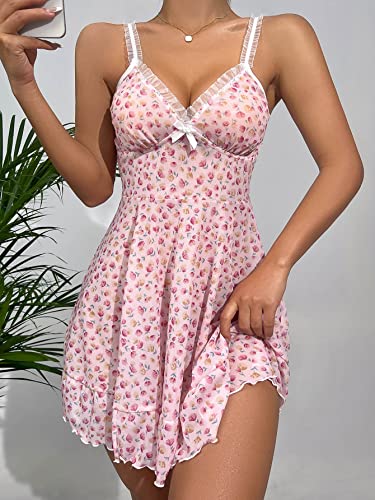 Sweatyrocks Women's Floral Print Lace Trim Night Dress V Neck Bow Front Cami Nightgown Pink M #TOP2