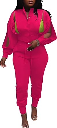 Hot Pink Outfits for Women Two Piece Jogging Suits Solid Color Tracksuits Button Down Drawstring Tracksuits Set Rose L