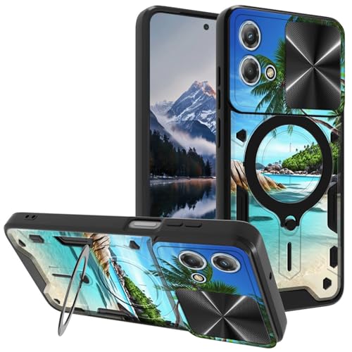 for Motorola Moto G-Stylus-5G-2023 Case, with Slide Camera Cover&Shockproof Bracket, Dual Layer Durable Heavy Duty Protective Cell Phone Case for Moto G Stylus 5G 2023,Beach Palm Trees