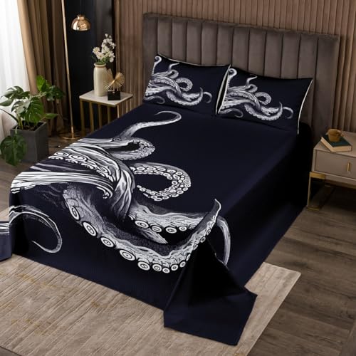 Octopus Lightweight Quilt Set for Kids Teens,Octopus Tentacles Bedspread Coverlet,Sea Animals Bed Cover Ocean Theme Bedding Set Decorative Quilted 2 Piece Coverlet Set with 1 Pillow Sham,Twin Size