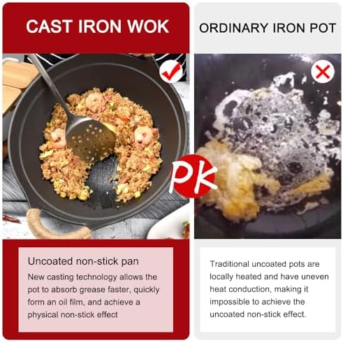 Cast Iron Wok Pan with Wooden Lid - 25cm/28cm/32cm/36 cm Woks and Stir Fry Pans - Chinese Wok with Round Bottom Wok,32cm (28cm)