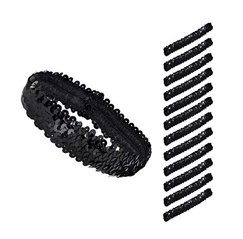 Mandala Crafts Sparkle Black Sequin Headbands for Women Girls - 12 Glitter Stretch Elastic Sequin Headband Set for Fashion Dance Disco Party Favor