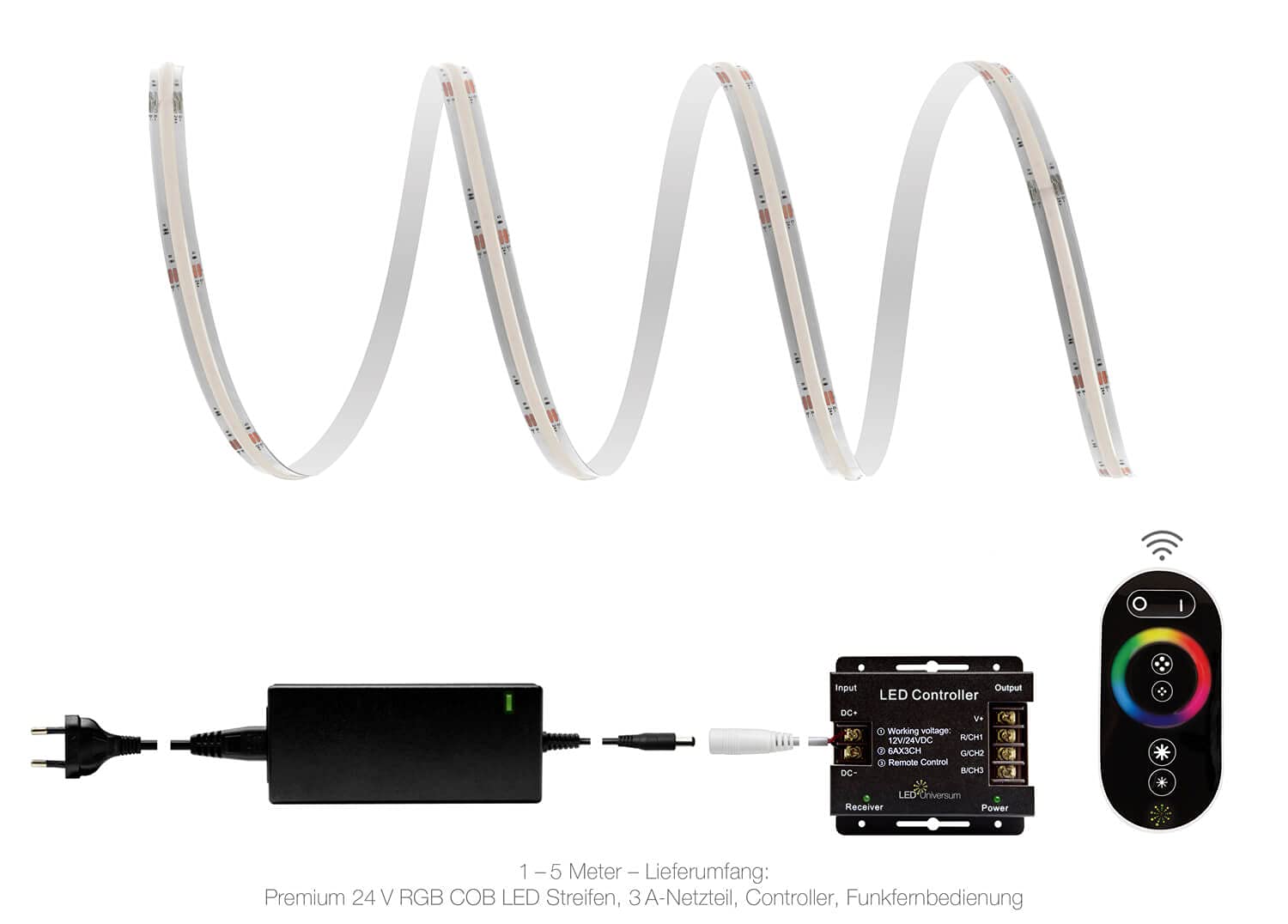 LED Universum Juego de tiras LED COB RGB con mando a distancia, controlador y fuente de alimentación, filamento premium, 24 V, IP20, multicolor (7 metros)